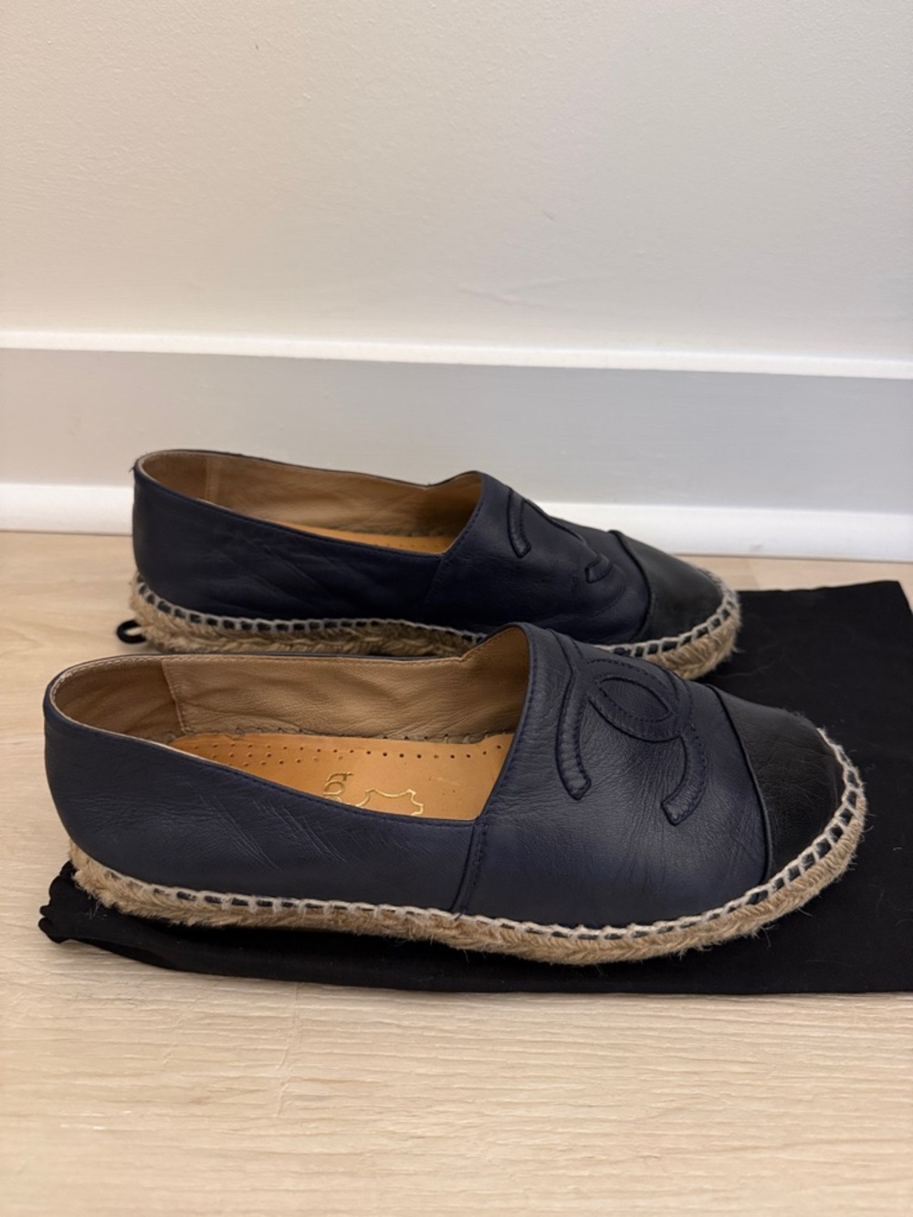 CHANEL Navy Leather Espadrilles with Black Cap Toe - Picture 9 of 14